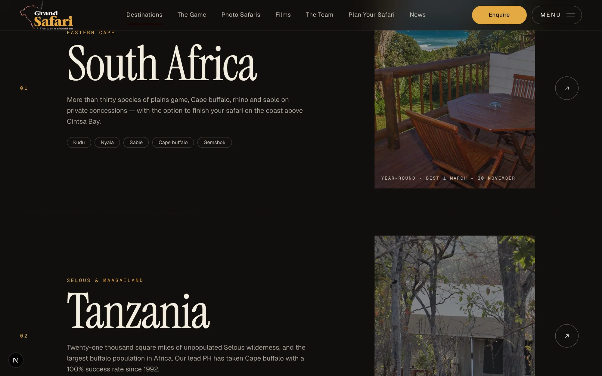 Grand Safari destination panels for Africa and Tanzania