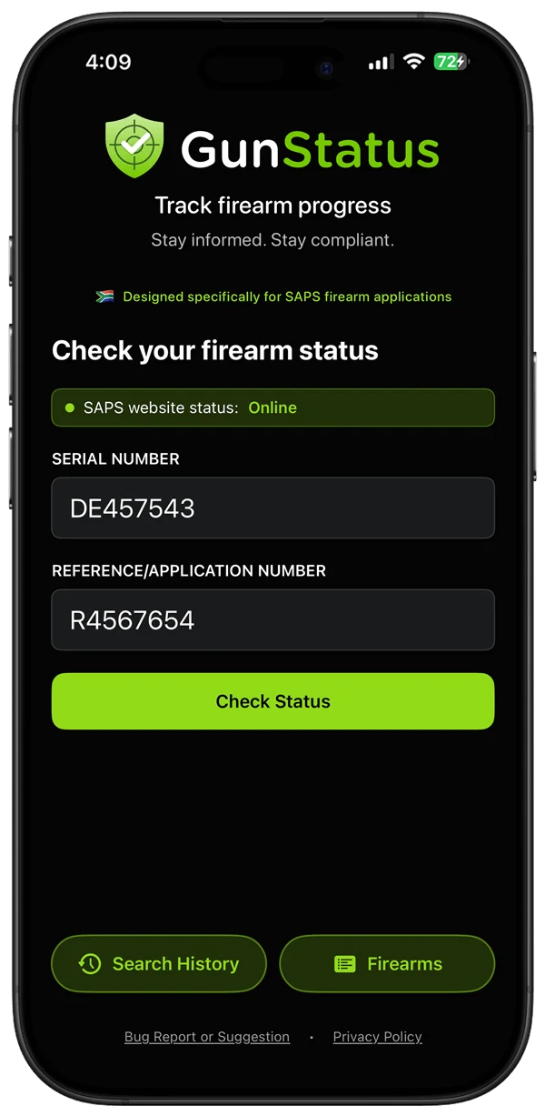 GunStatus home screen with the SAPS firearm status check form