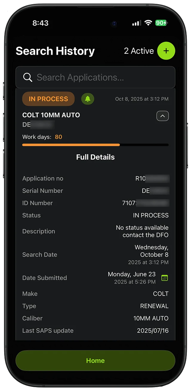 GunStatus application details with make, type, calibre and last SAPS update