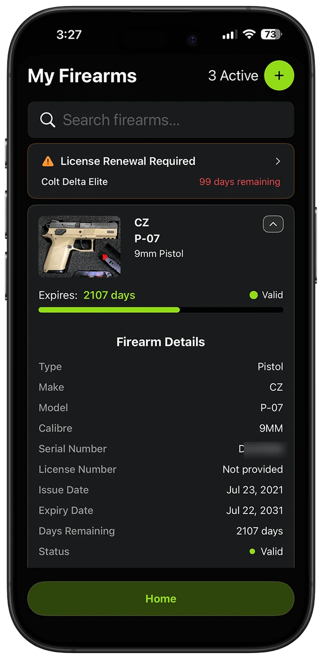 GunStatus firearm detail with licence dates and days remaining