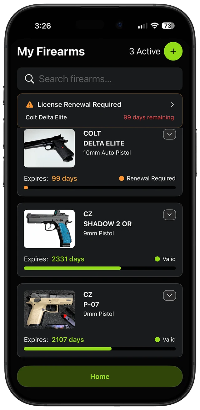 GunStatus My Firearms list with expiry countdowns and a renewal alert