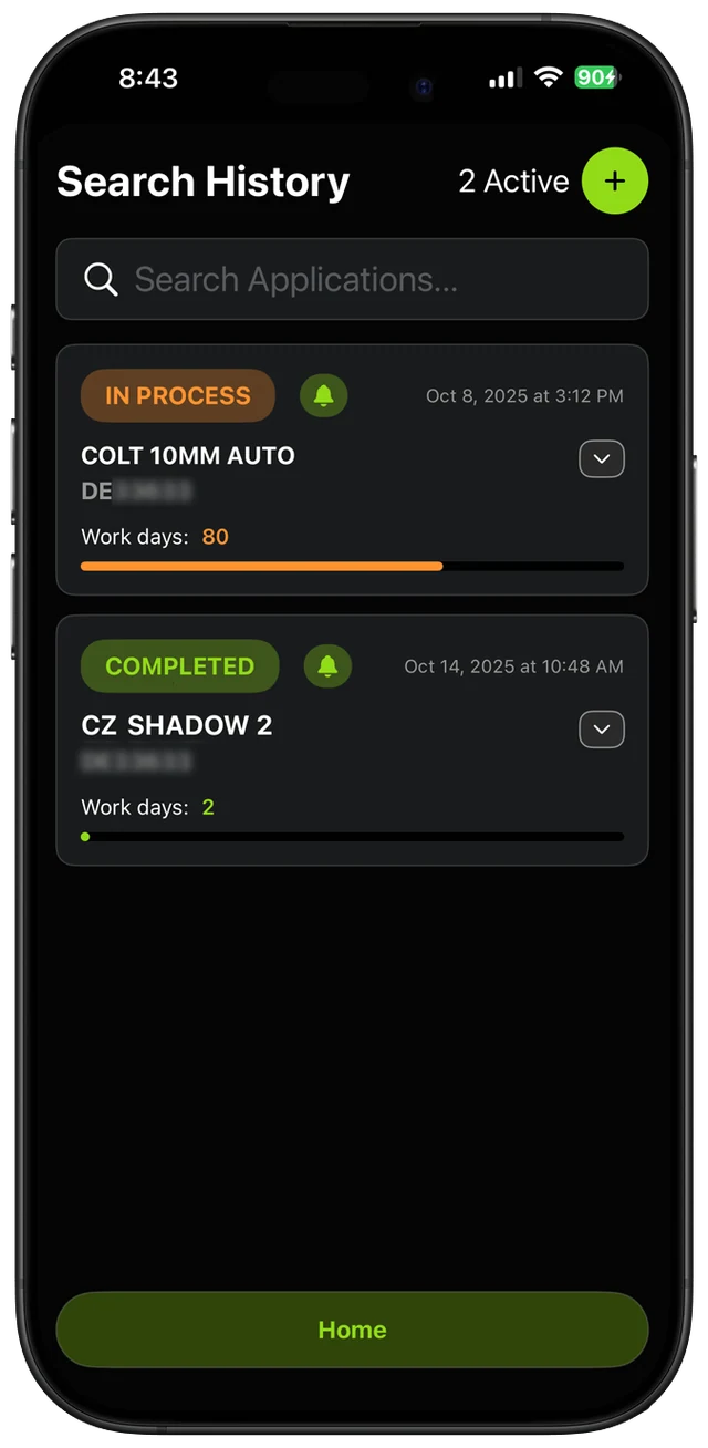 GunStatus search history with in-process and completed applications