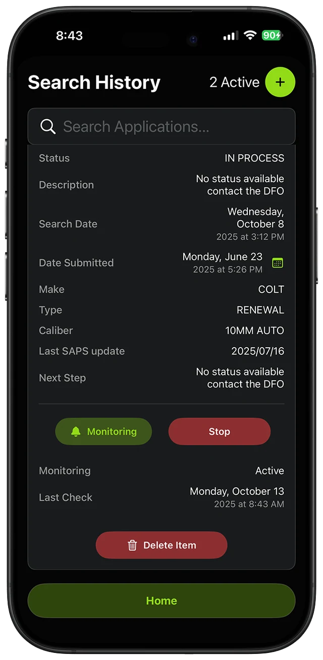 GunStatus application with background monitoring switched on