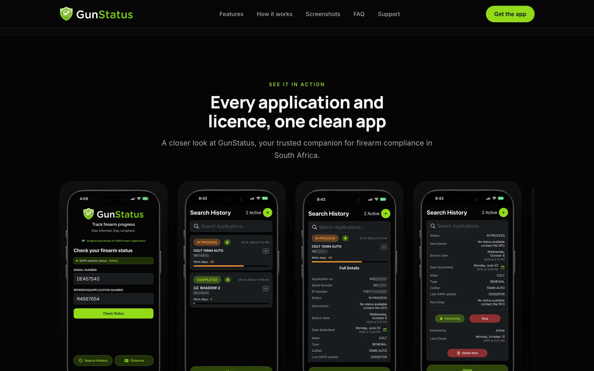 The GunStatus website showing four app screens: every application and licence in one clean app