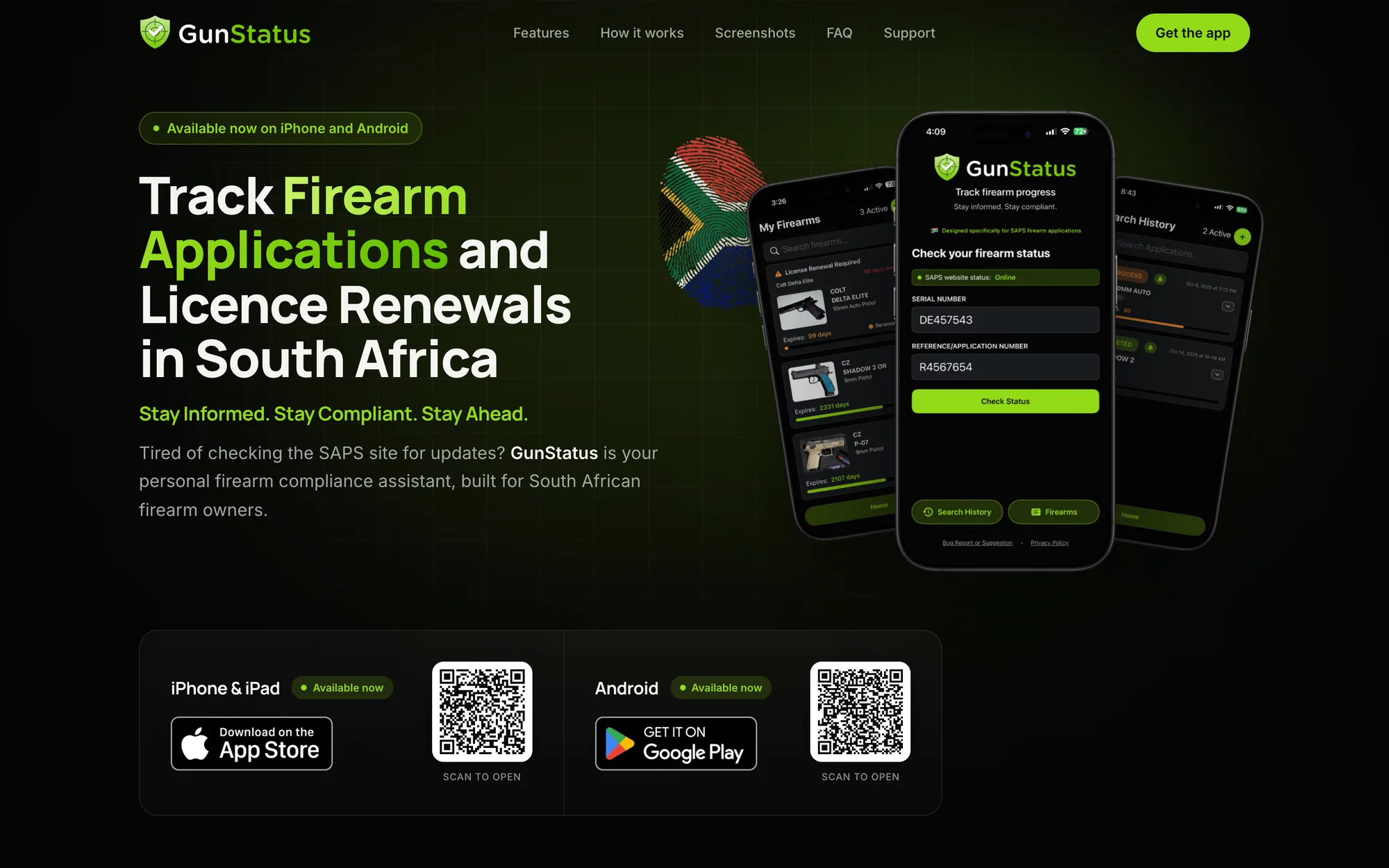 The GunStatus website, with three iPhones showing the app on its home page