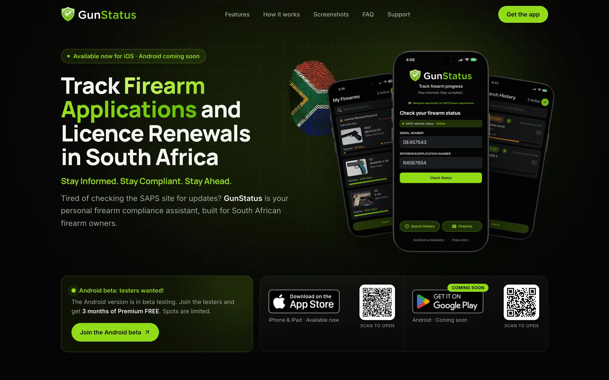 The GunStatus website, with three iPhones showing the app on its home page