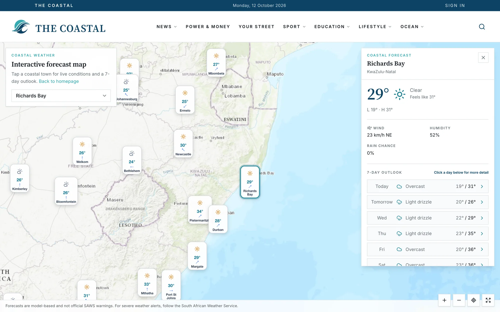 The Coastal interactive weather forecast map of the Eastern Cape